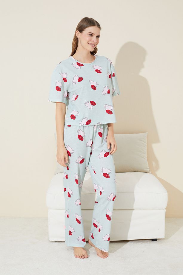 yeşil kalp dudak desenli Örme Pijama Takım - 2