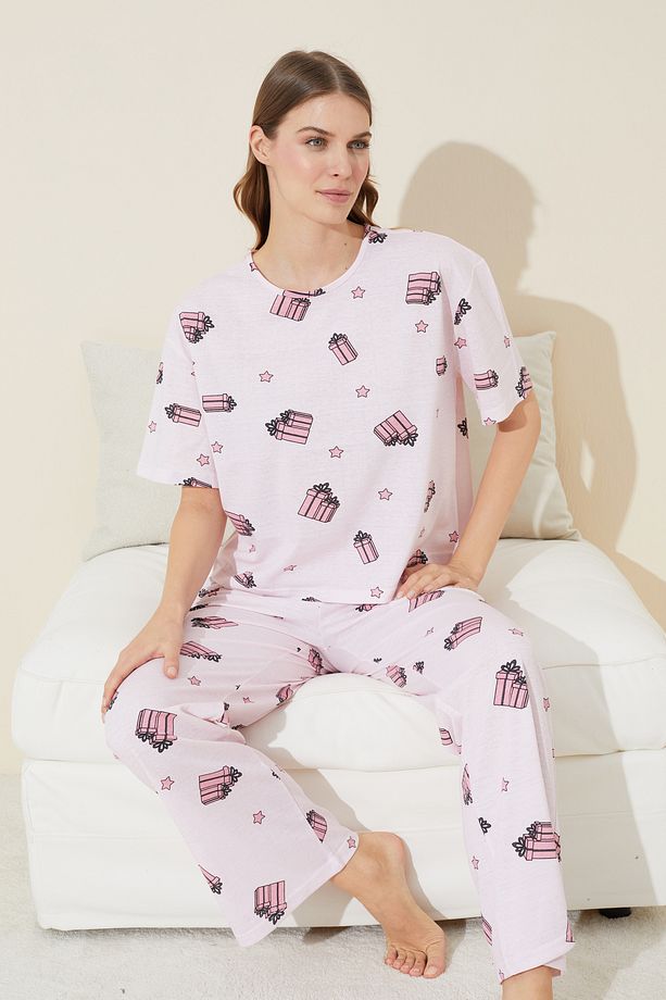 pembe hediye kutusu desenli Örme Pijama Takım - 1