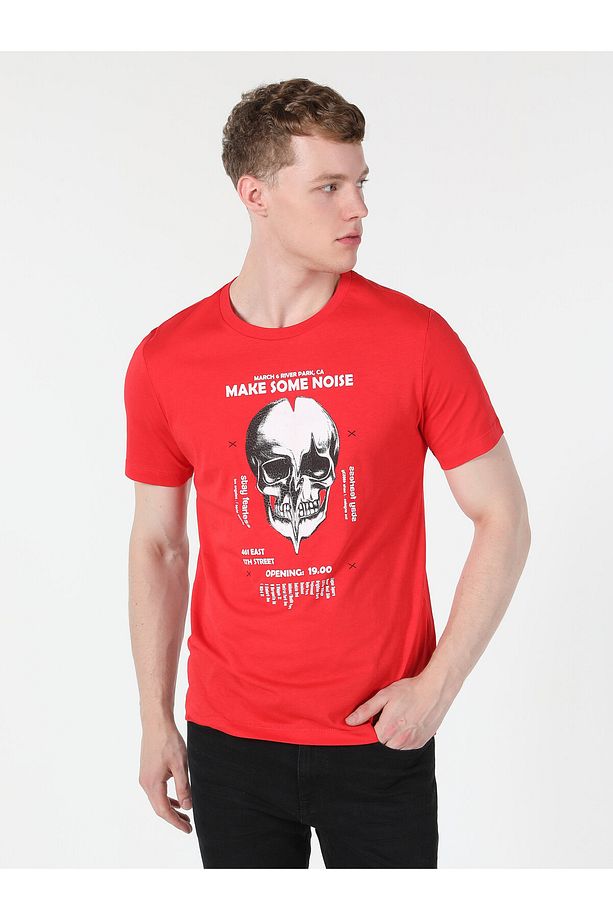 Regular Fit Bisiklet Yaka Baskılı Kırmızı Erkek Kısa Kol Tişört - 8