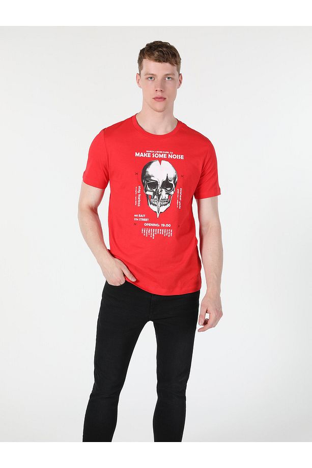 Regular Fit Bisiklet Yaka Baskılı Kırmızı Erkek Kısa Kol Tişört - 7