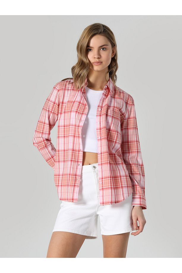 Regular Fit Kareli Pembe Kadın Uzun Kol Gömlek Cl1061880 - 5