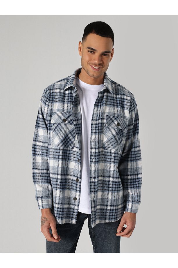 Regular Fit Ekoseli Cepli Mavi Erkek Uzun Kol Gömlek Cl1061679 - 3