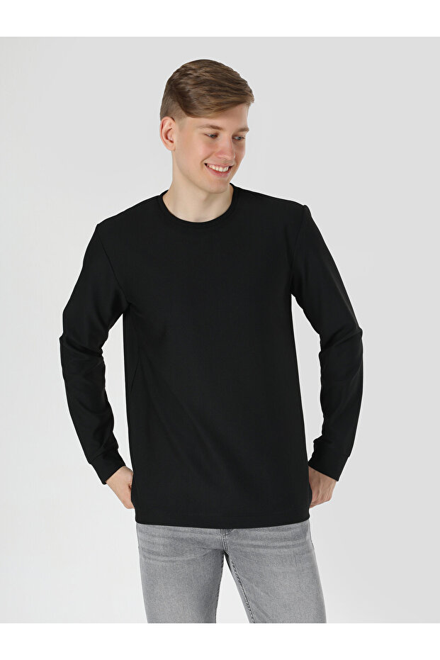 Regular Fit Bisiklet Yaka Siyah Erkek Uzun Kol Tişört - 4