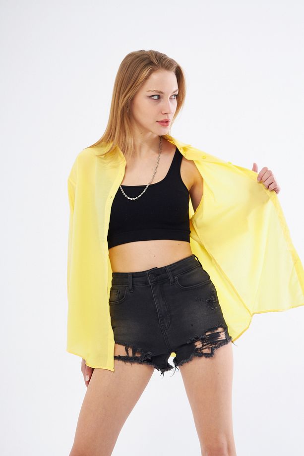 Kadın Sarı Oversize Uzun Basic Gömlek - 5