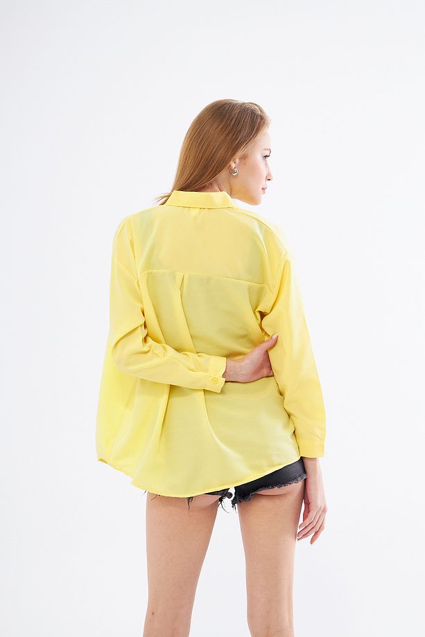 Kadın Sarı Oversize Uzun Basic Gömlek - 8