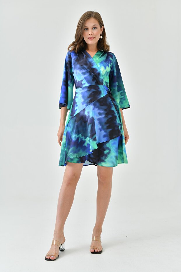 Printed Satin Fabric Belted Short Bat Sleeve Wrap Cut Double Breasted Collar Satin Evening Dress 24Y2261