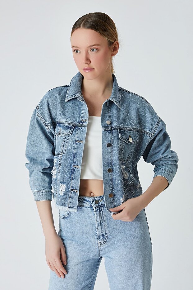 Taşlı mavi denim ceket - 1