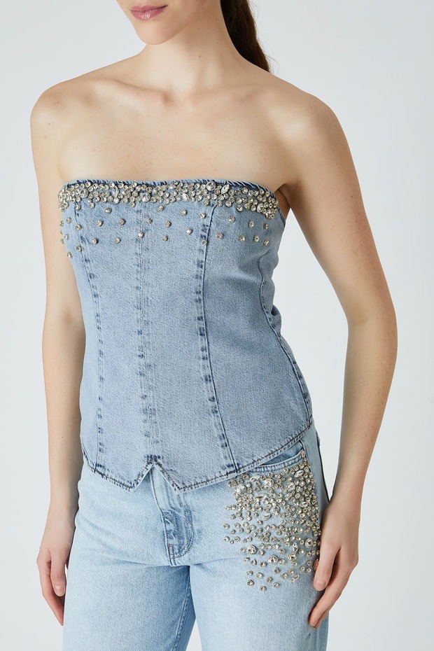 Taşlı denim büstiyer - 1