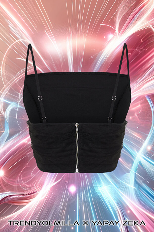 X Yapay Zekâ Siyah Tül Detaylı Crop Dokuma Bluz TWOSS24BZ00540 - 9