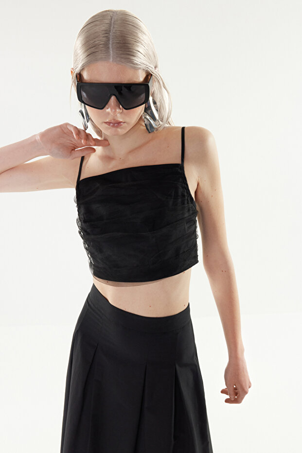 X Yapay Zekâ Siyah Tül Detaylı Crop Dokuma Bluz TWOSS24BZ00540 - 2
