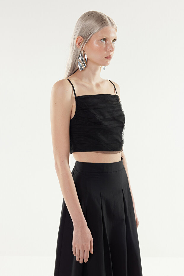 X Yapay Zekâ Siyah Tül Detaylı Crop Dokuma Bluz TWOSS24BZ00540 - 4