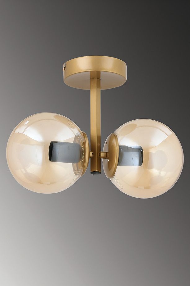 ÇAKRA 2'Lİ BAL RENGİ GLOB CAMLI MODERN ESKİTME PLAFONYER AVİZE - 2