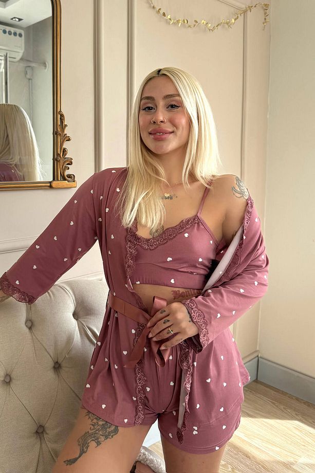 Kalp Pembe Desenli Bambu Crop Sabahlıklı Şortlu Pijama Takımı - 3