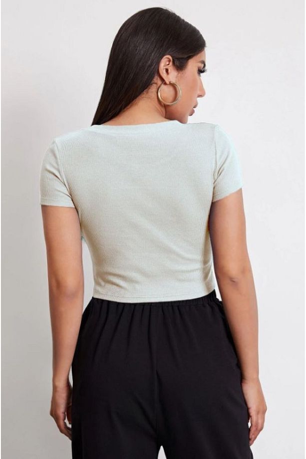 Kadın Yarım Kollu Yuvarlak Crop Top Bluz - 3