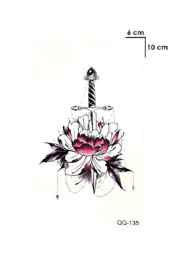 Gerçek Görünümlü 3D Çiçeğe Saplanan Kılıç Geçici Dövme Uzun Süreli Çiçek Kılıç Dövme Tattoo - 1
