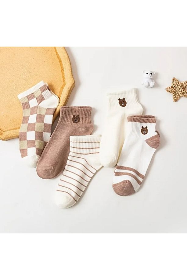 5 Çift Ayı Desenli Çok Renkli Teddy Bear Yarım Konç Rahat Çorap - 3