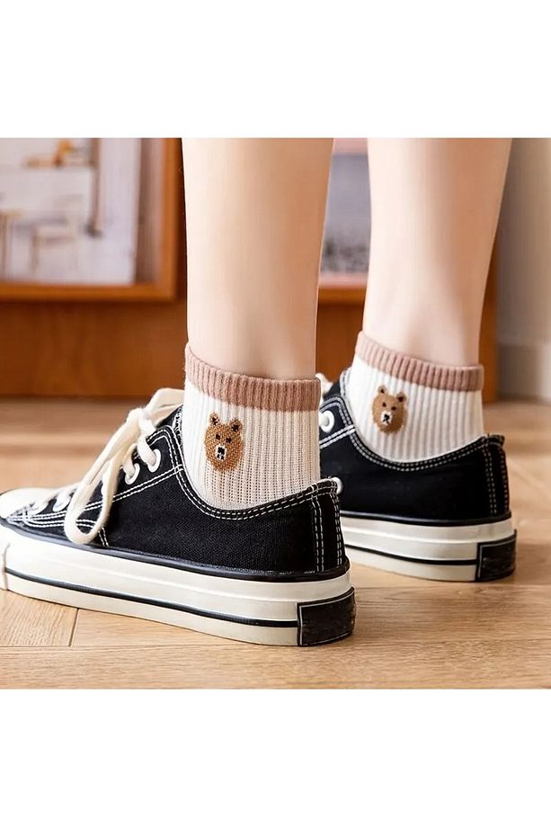 5 Çift Ayı Desenli Çok Renkli Teddy Bear Yarım Konç Rahat Çorap - 5
