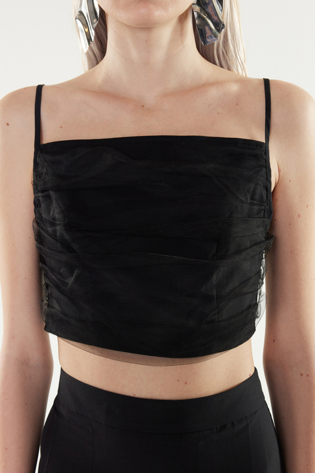 X Yapay Zekâ Siyah Tül Detaylı Crop Dokuma Bluz TWOSS24BZ00540 - 6