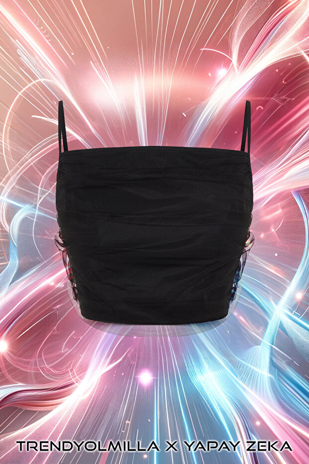 X Yapay Zekâ Siyah Tül Detaylı Crop Dokuma Bluz TWOSS24BZ00540 - 8
