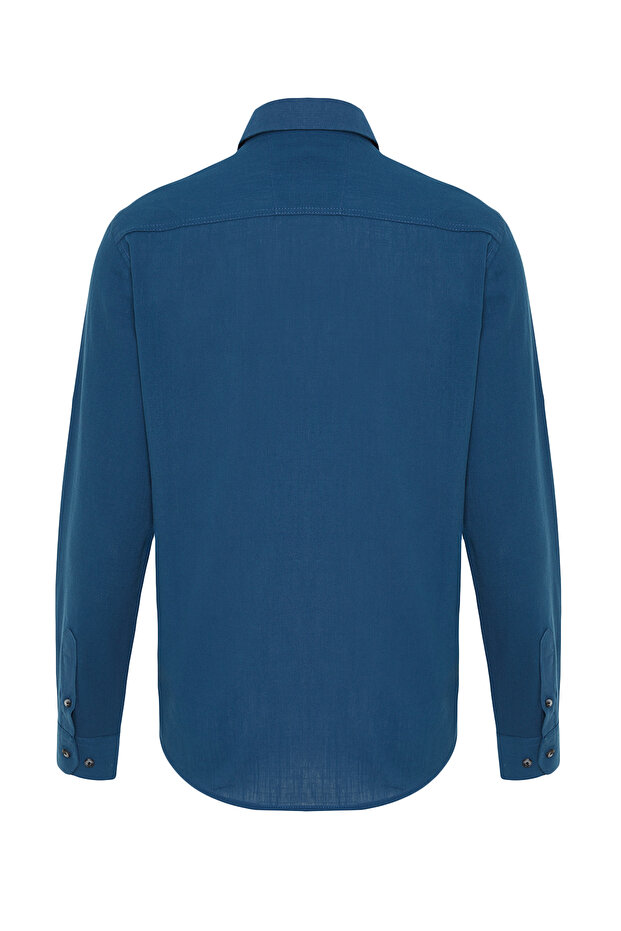 Indigo Düğmeli Yaka Apoletli Slim Fit Uzun Kollu %100 Pamuklu Keten Görünümlü Gömlek TMNSS20GO0189 - 8