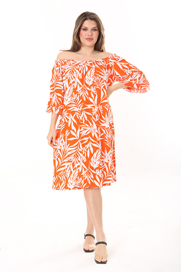 Women's Plus Size Orange Collar Rubber Detailed Woven Viscose Fabric Dress 65N37864
