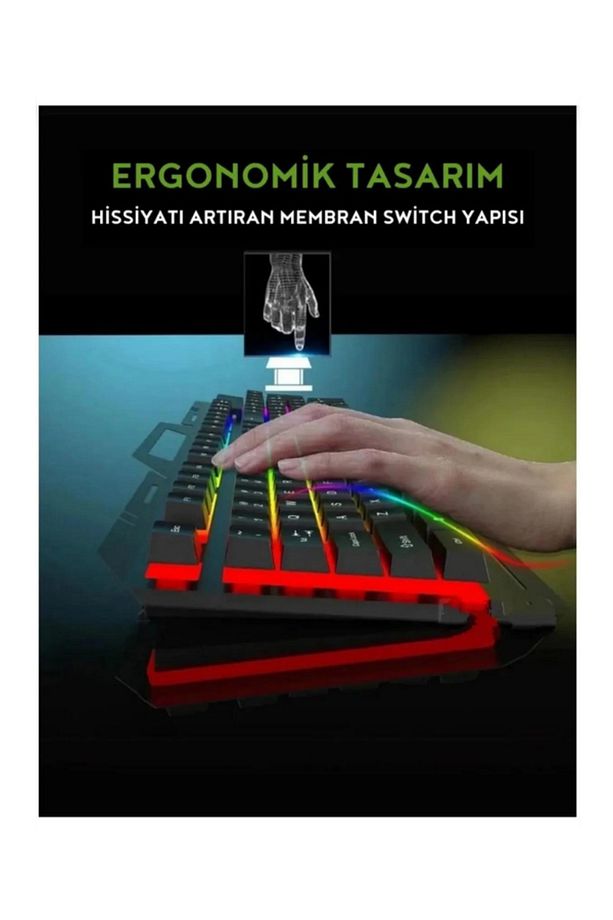 Siyah Usb Gökkuşağı Zemin Aydınlatmalı Q Klavye + Mouse Set BKB9 - 4