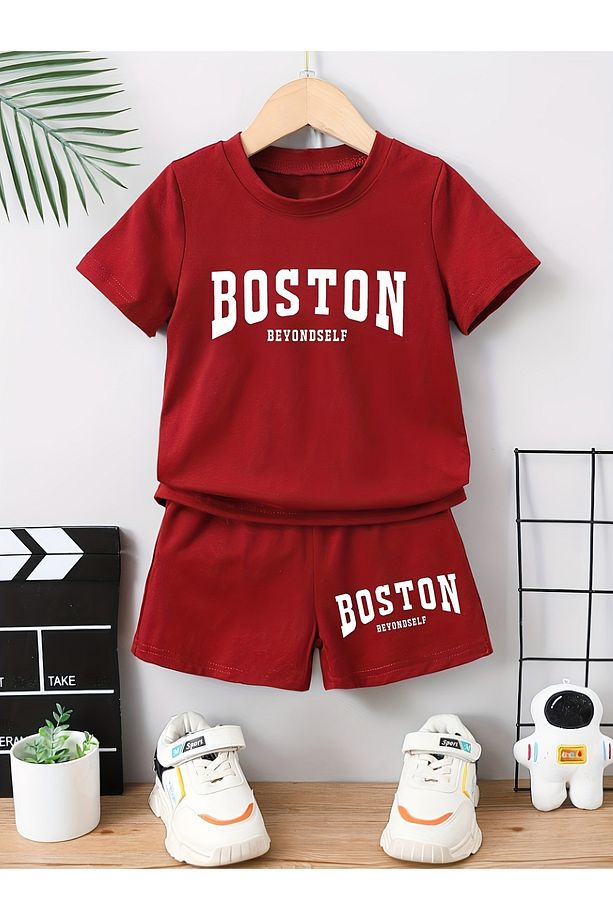 Boston Beyondself Baskılı Kırmızı Çocuk Şort Tişört Alt Üst Takım - 1