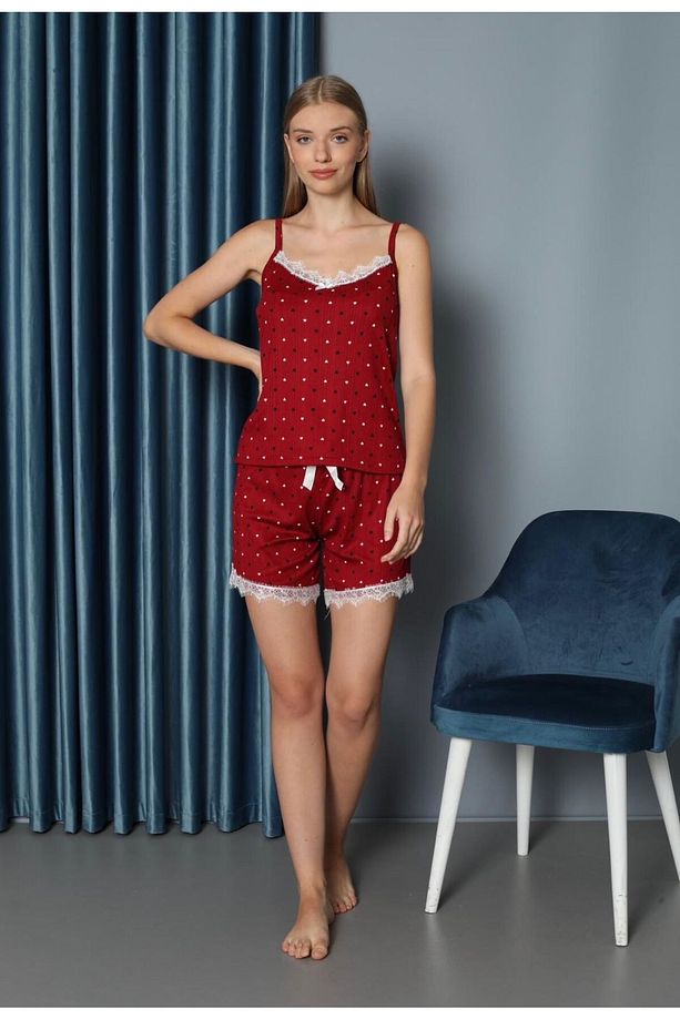 Kadın Pegasus Kumaş Yakası Dantelli İp Askılı Kalp Desenli Kırmızı Şortlu Yazlık Pijama Takımı - 1