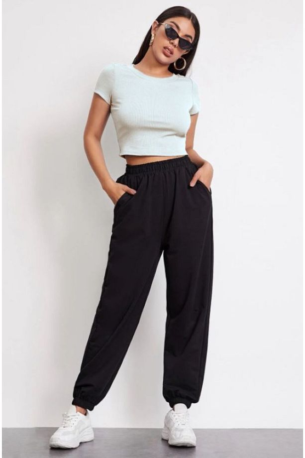 Kadın Yarım Kollu Yuvarlak Crop Top Bluz - 1