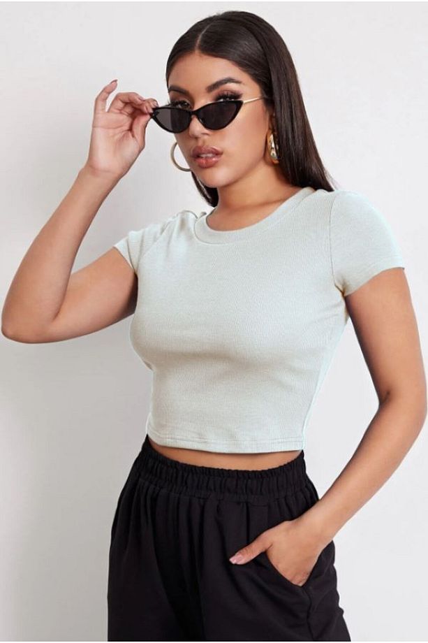 Kadın Yarım Kollu Yuvarlak Crop Top Bluz - 5