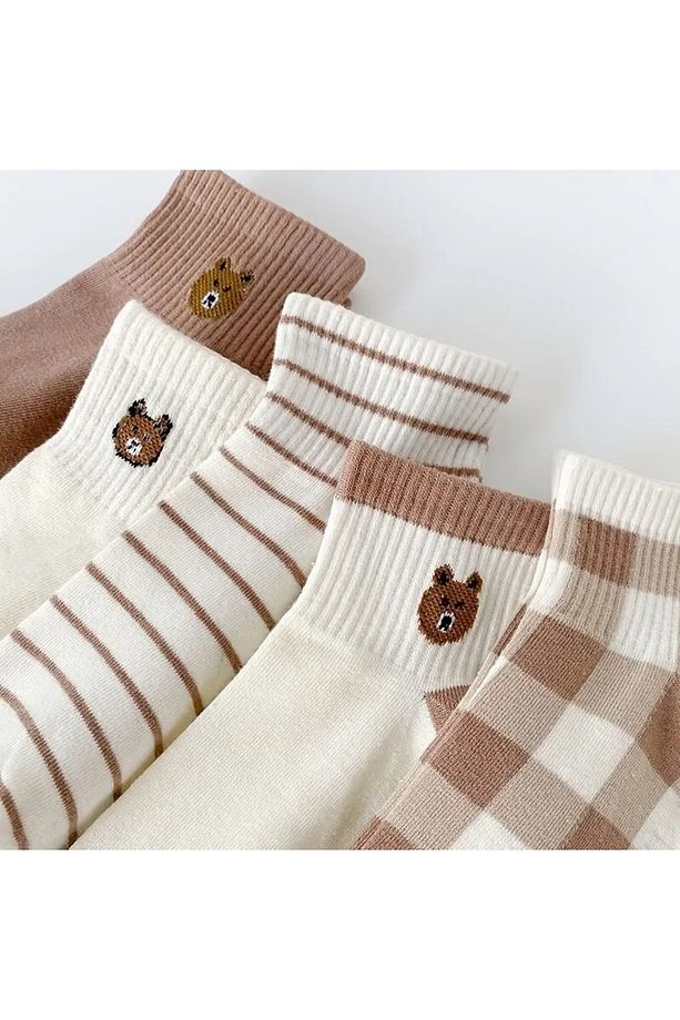 5 Çift Ayı Desenli Çok Renkli Teddy Bear Yarım Konç Rahat Çorap - 4