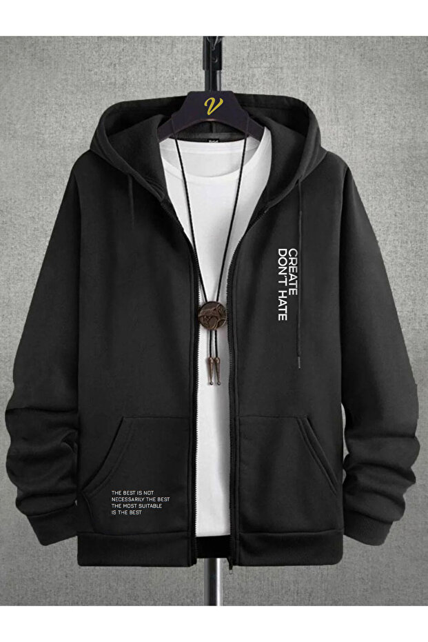 Unisex Zippered Hooded Cardigan with Fleece Inside