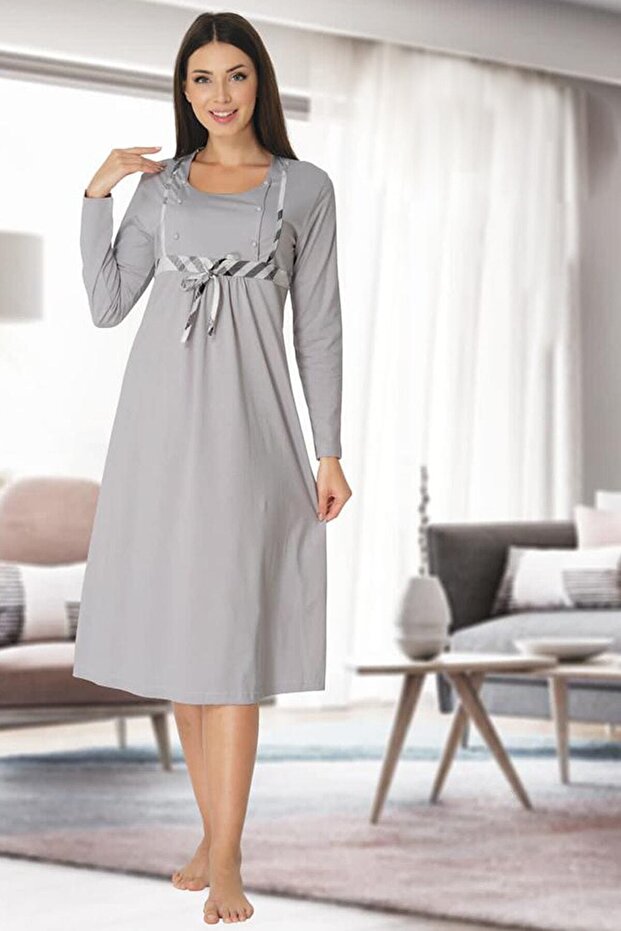 Women's Gray Special Design Long Sleeve Maternity Nightgown