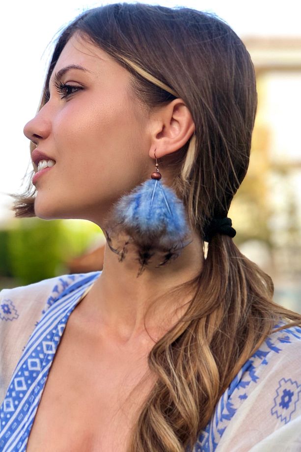 El Yapımı Domestik Tüylü Tekli Boho Style Bohem Tasarım Küpe - 3