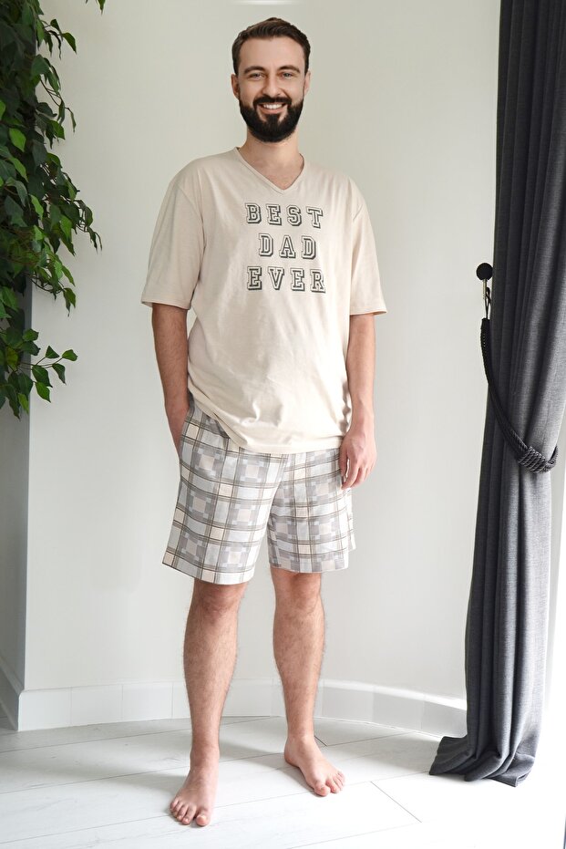 Beige Best Dad Printed Large Size Pajama Set with Six Plaids