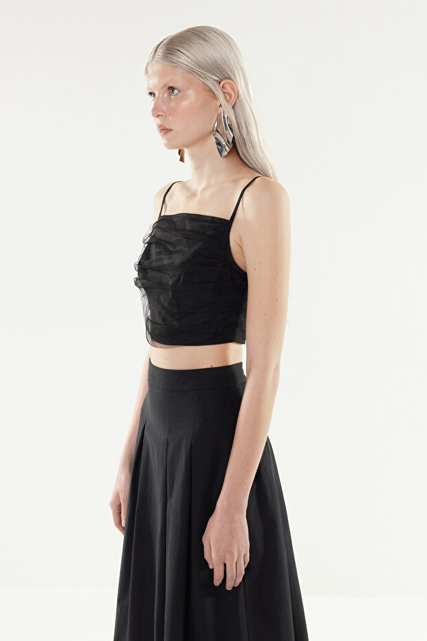 X Yapay Zekâ Siyah Tül Detaylı Crop Dokuma Bluz TWOSS24BZ00540 - 5