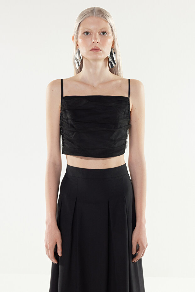 X Yapay Zekâ Siyah Tül Detaylı Crop Dokuma Bluz TWOSS24BZ00540 - 3