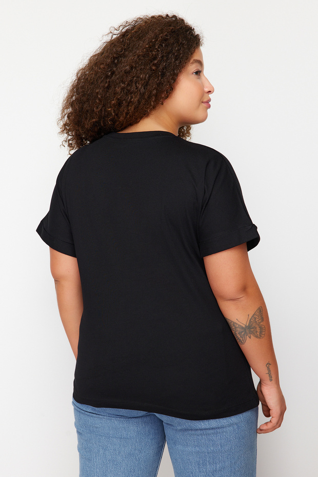 Siyah Brode Detaylı Basic %100 Pamuk Örme T-shirt TBBSS24BF00055 - 6