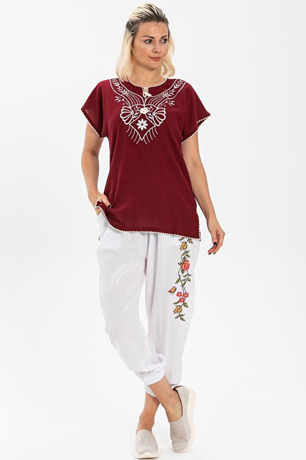 Short Sleeve Şile Cloth Naz Summer Blouse Claret Red Brd