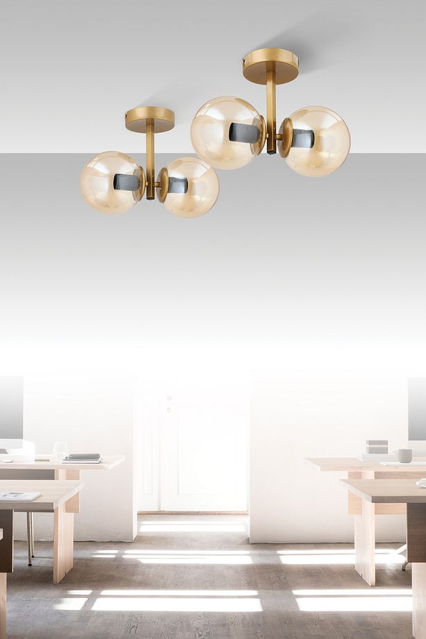 ÇAKRA 2'Lİ BAL RENGİ GLOB CAMLI MODERN ESKİTME PLAFONYER AVİZE - 1
