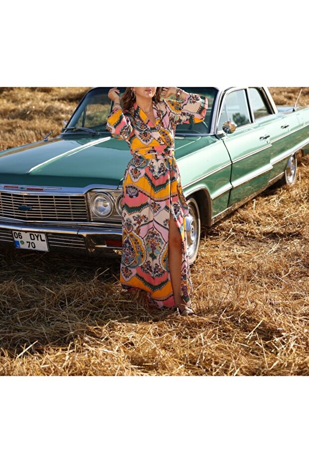 Elastic Sleeves Ethnic Pattern Belted Dress