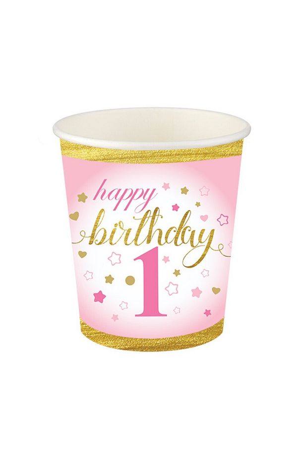 8 Oz Kağıt Bardak 8'li - Happy Birthday - 1 Yaş Pembe - 1