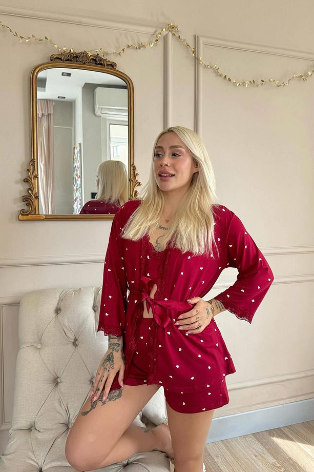 Bordo Kalp Desenli Bambu Crop Sabahlıklı Şortlu Kadın Pijama Takımı - 6