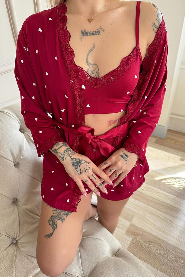 Bordo Kalp Desenli Bambu Crop Sabahlıklı Şortlu Kadın Pijama Takımı - 7