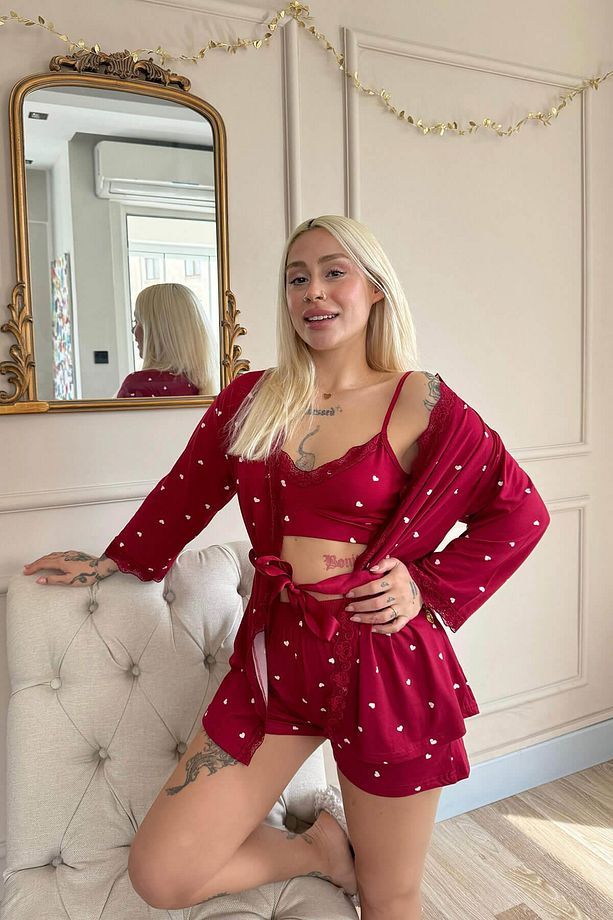 Bordo Kalp Desenli Bambu Crop Sabahlıklı Şortlu Kadın Pijama Takımı - 3