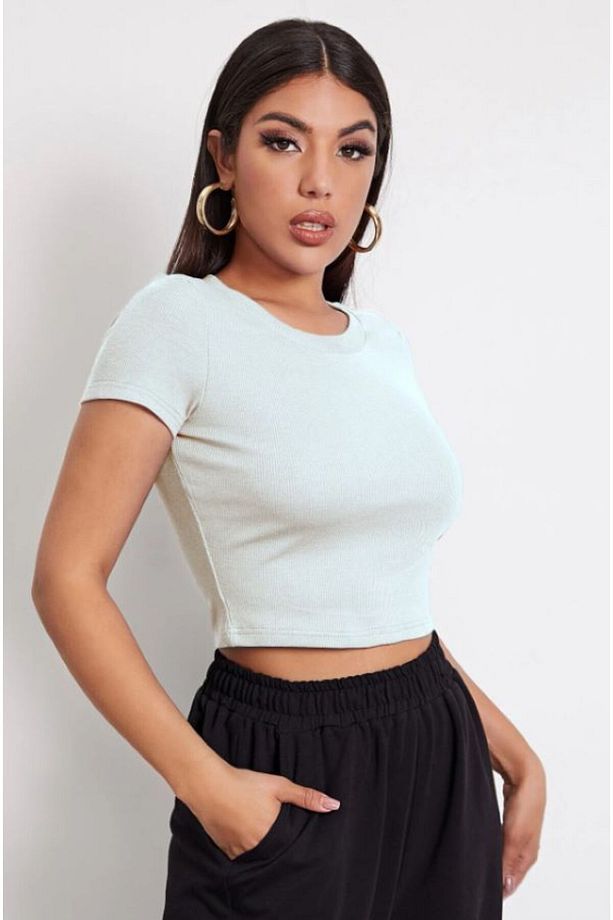 Kadın Yarım Kollu Yuvarlak Crop Top Bluz - 4