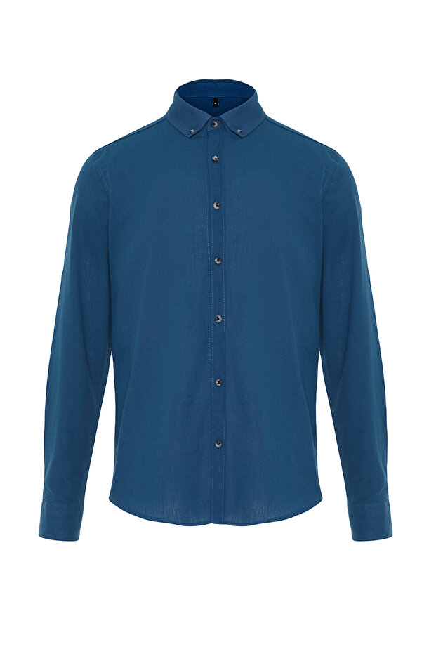 Indigo Düğmeli Yaka Apoletli Slim Fit Uzun Kollu %100 Pamuklu Keten Görünümlü Gömlek TMNSS20GO0189 - 7