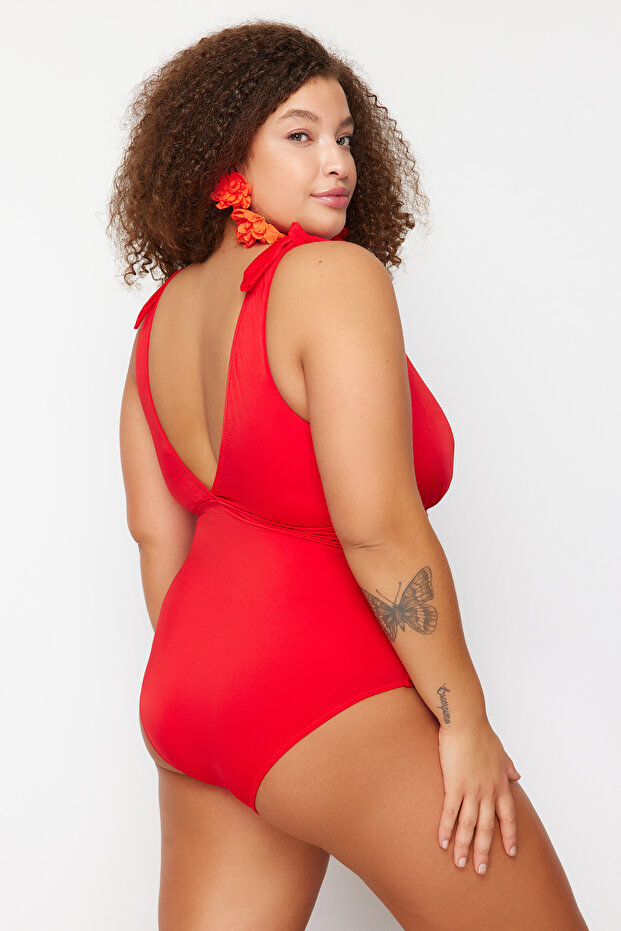 Czerwony głęboki pasek w kształcie litery V w dużym rozmiarze kostium kąpielowy Tbbss24Am00022 - 5