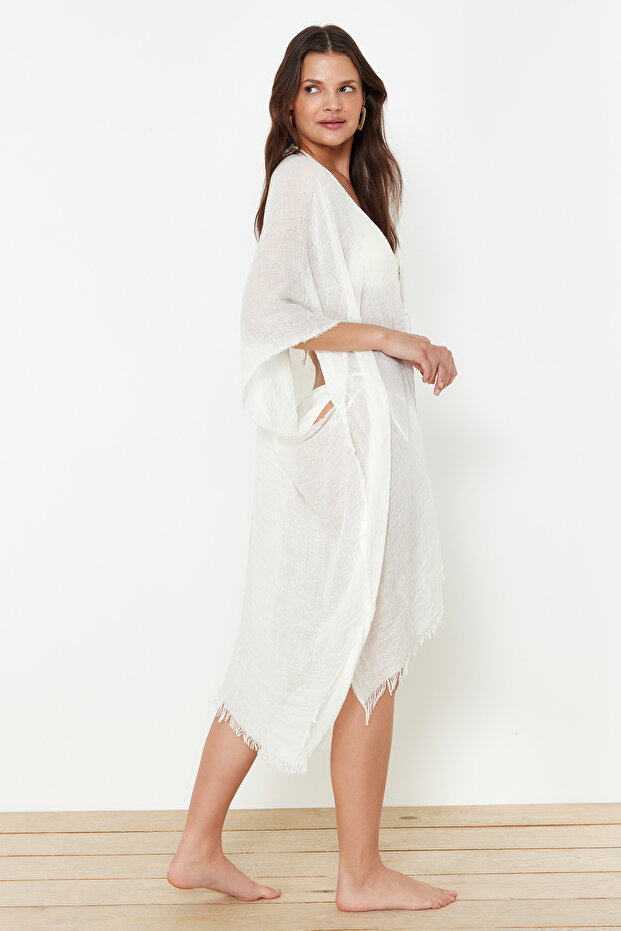 Ekru Dokuma Püskül Midi Plaj Kimono&Kaftan TBESS24KM00057 - 5