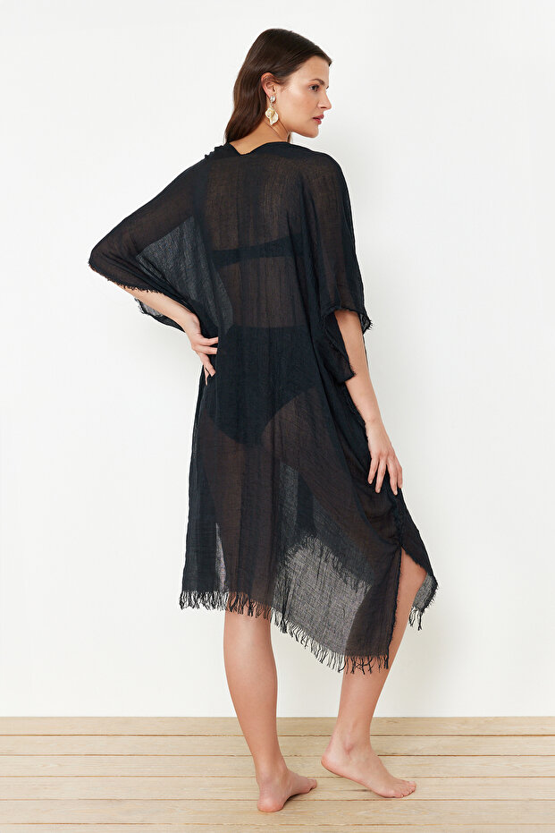 Siyah Dokuma Püskül Midi Plaj Kimono&Kaftan TBESS24KM00057 - 5
